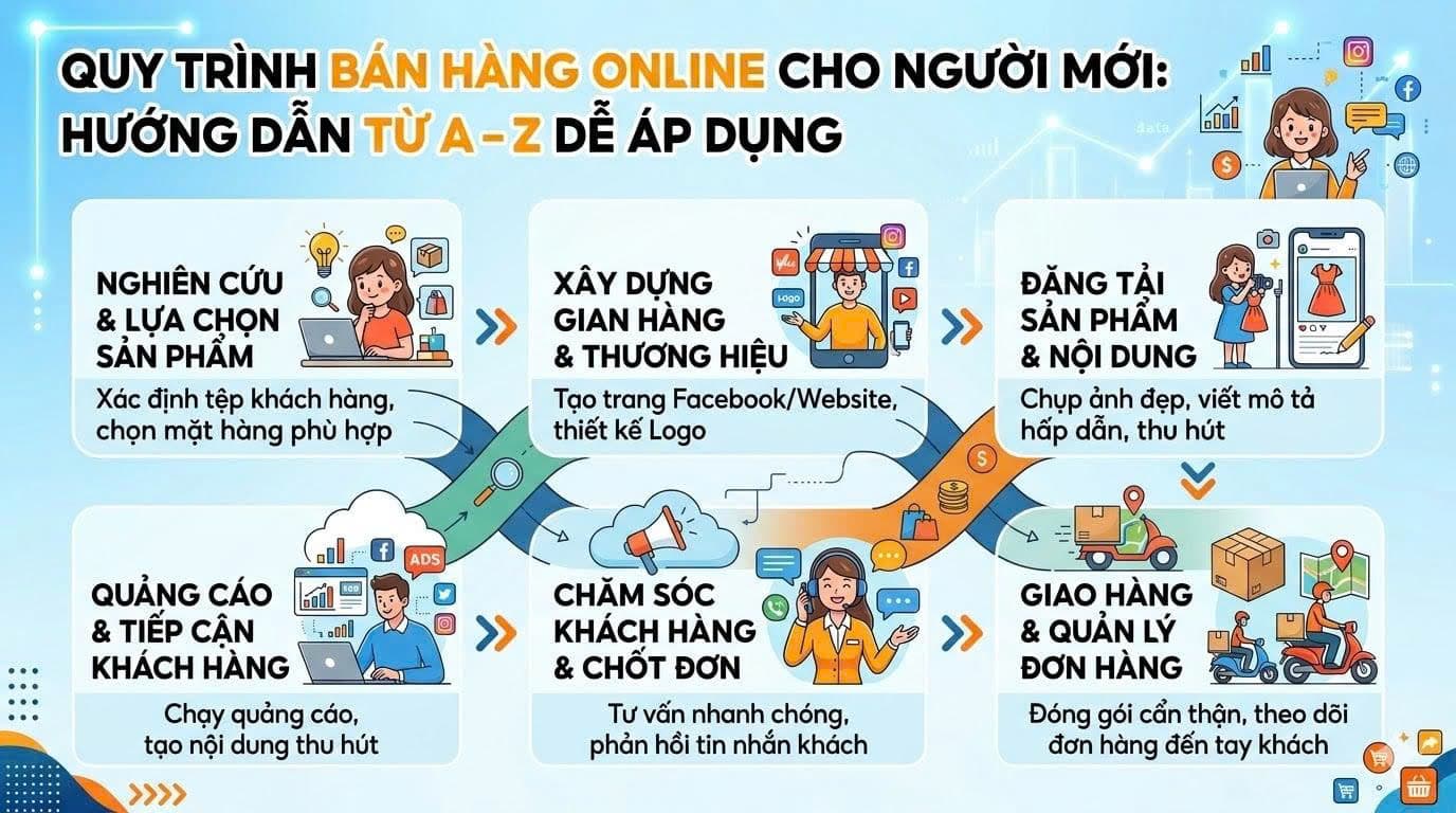 Quy trình bán hàng online cho người mới: Hướng dẫn từ A–Z dễ áp dụng